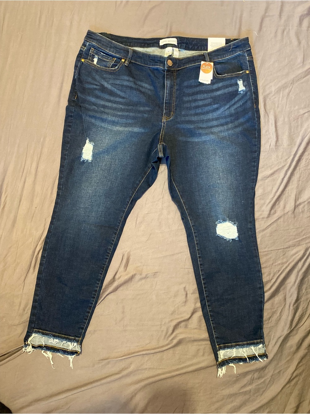 Lane Bryan blue distressed mid rise flex skinny jeans, womens plus size 22
